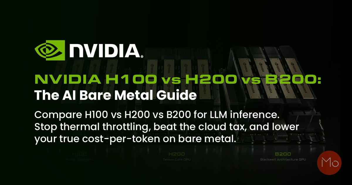 NVIDIA H100 vs H200 vs B200 Architecture A technical blueprint comparing NVIDIA H100, H200, and B200 GPUs for AI workloads on ServerMO Bare Metal infrastructure.