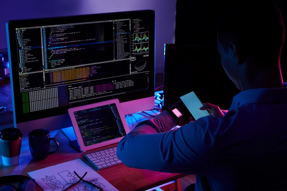 image is reprecenting Development and Testing Labs. it shows a laptop with code on the screen