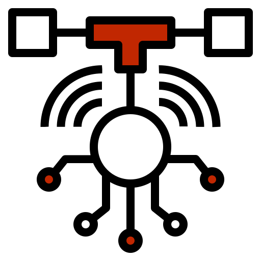 A circle connected through wire and wireless with some dots and squares