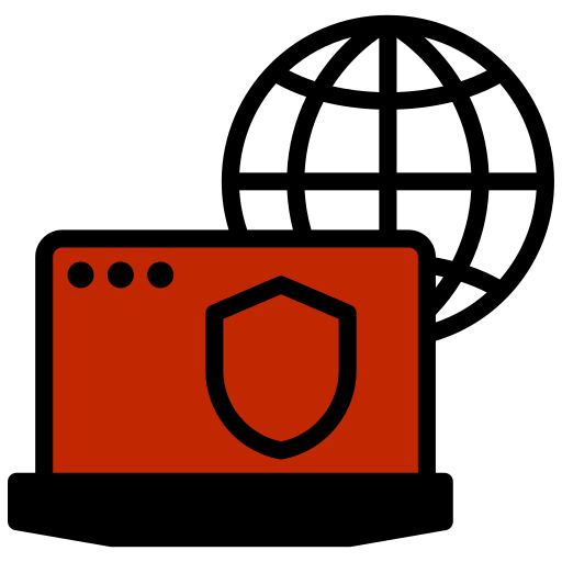 A laptop front of globe and its display a shield
