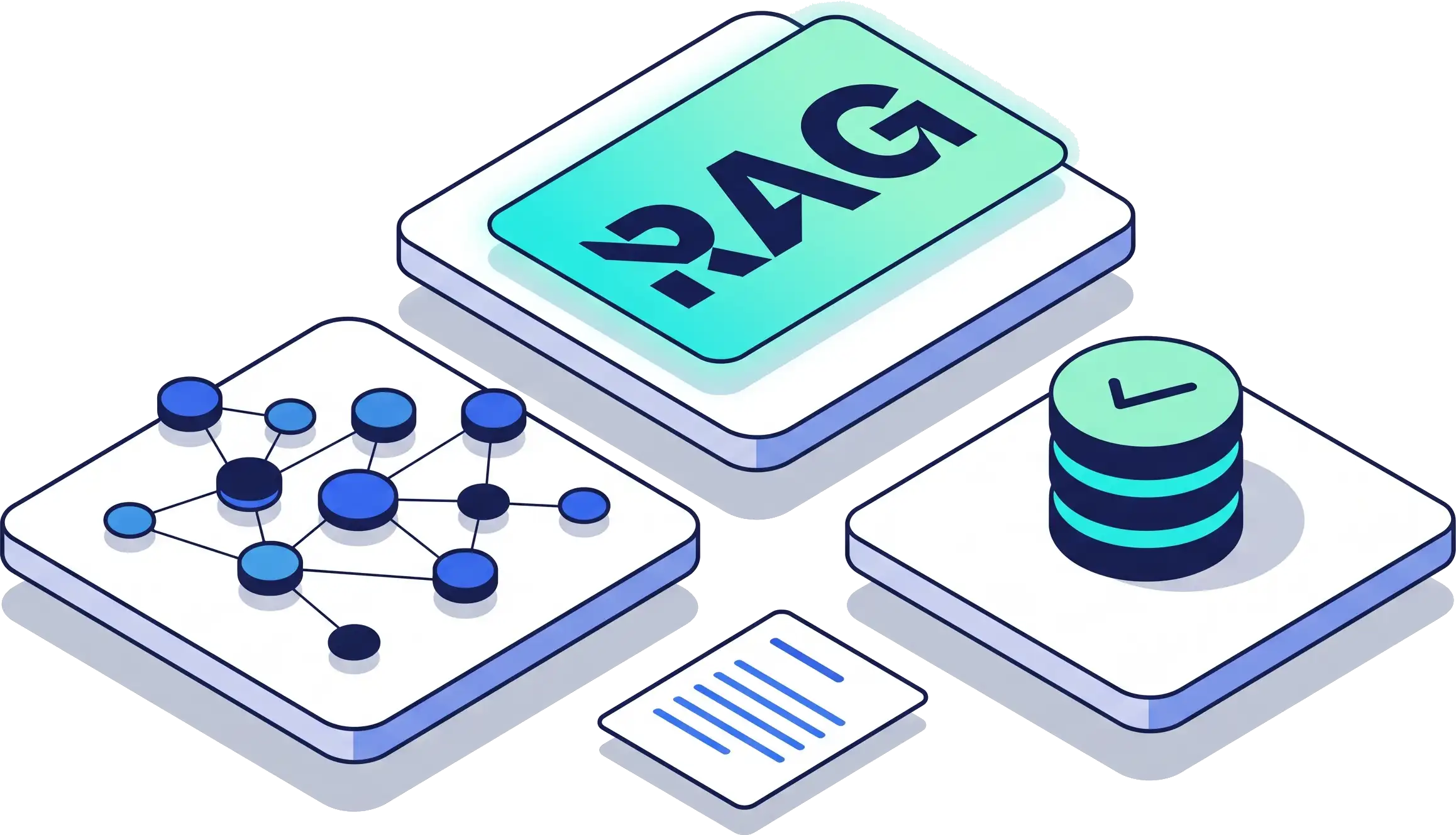 Illustration featuring the text 'RAG' on a green background, surrounded by shapes representing data networks and a database, along with a document.
