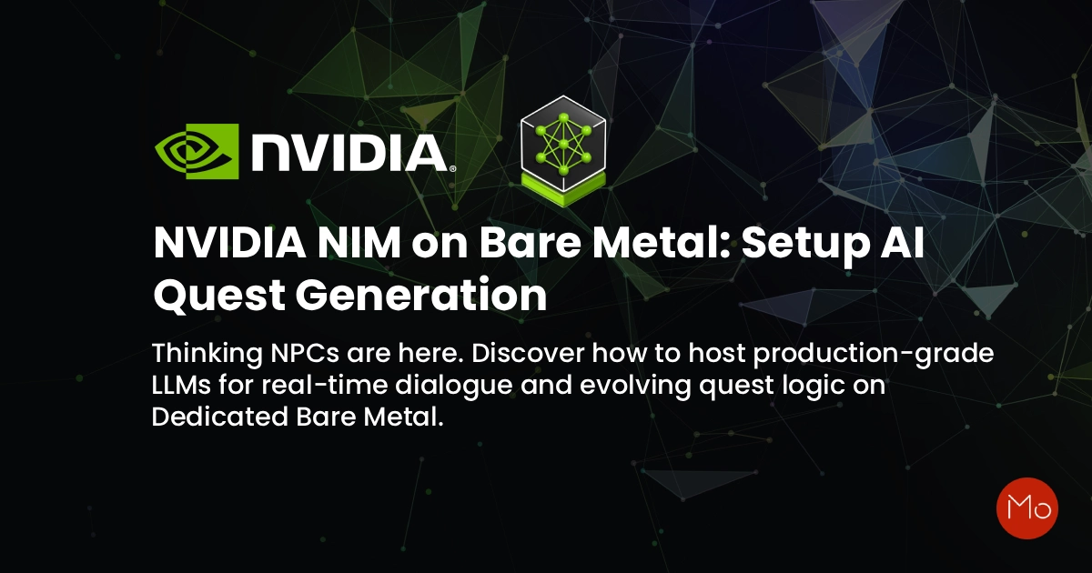 NVIDIA promo image on dark geometric background. Text reads: "NVIDIA NIM on Bare Metal: Setup AI Quest Generation." Keywords: AI, NPCs, LLMs, dialogue.
